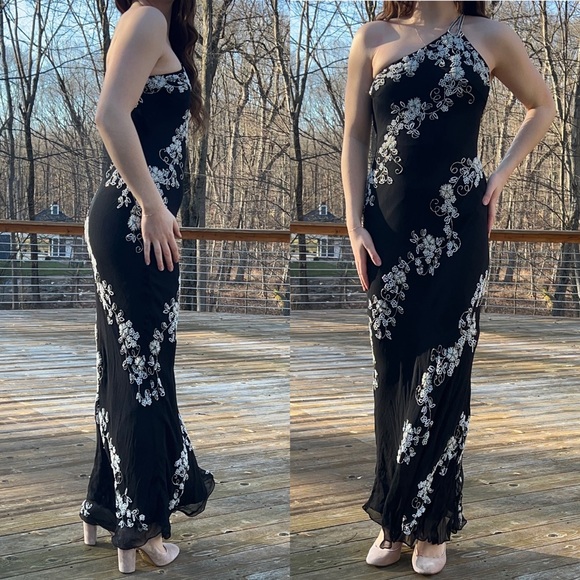 Vintage Y2k Floral Beaded Silk Prom Formal Dress - Picture 5 of 15